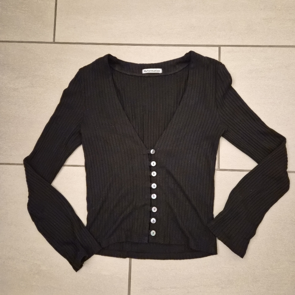 Reformation Gellar Black Ribbed Knit Cardigan SMALL - Picture 4 of 7